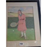 Primitive watercolour portrait of a girl tennis players by H.Jackson, 17" x 14" inc. frame