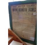 Great Western Railways original printed notice "Moving Locomotive Engines ...", in original frame