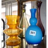 Three Scandinavian or Danish modern coloured retro glass vases and similar decanter