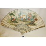 Late 18th c. ivory and silk fan handpainted and carved with hunting scenes