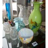 Victorian cut glass water jug, pair of silver topped glass pepper pots and four items of coloured