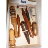 Carved treen needle cases and other antique sewing accessories
