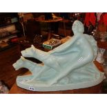 Art Deco Louis Fontinelle ceramic sculpture of a lady with two dogs, 20" x 14" high