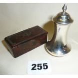 19th c. papier mache snuff box and a hallmarked silver pepper pot
