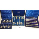 Cased cutlery - set of 6 silver handled butter knives, hallmarked silver set of 6 engraved teaspoons