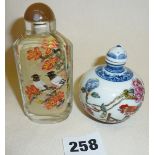 Chinese porcelain snuff bottle (signed to base), and an inside painted glass snuff bottle