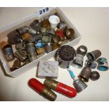 Box of assorted thimbles, inc. enamel, one silver, advertising thread holders, etc.