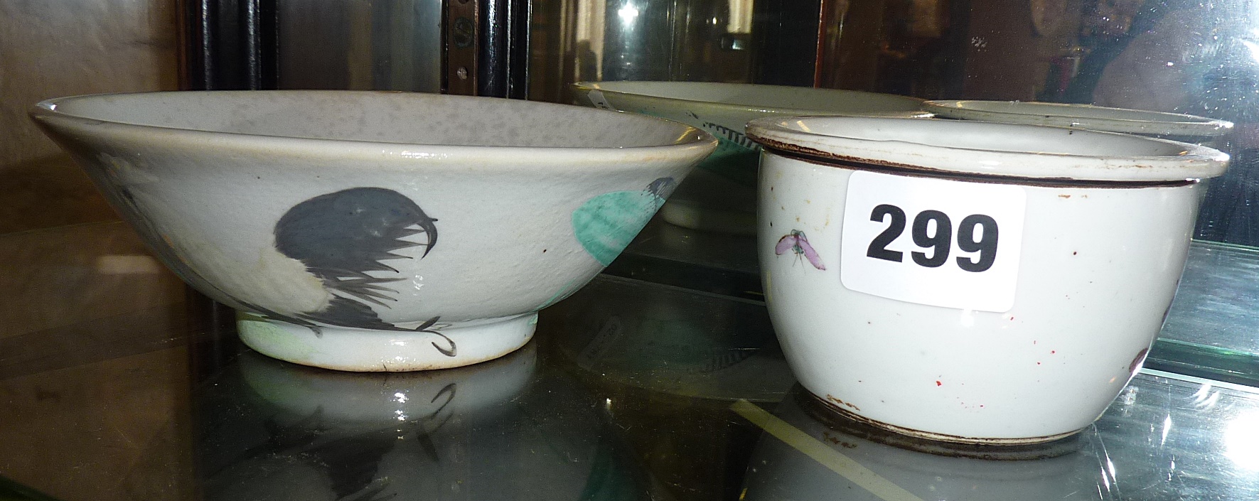 19th c. porcelain bowl with pierced cover and a Chinese bowl with a rooster and plants decoration