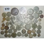 Assorted old coins, mostly British, and silver inc. florins, shillings, etc.