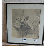 Pencil drawing of nesting swans monogrammed and dated 1949