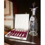 Silver necked glass decanter together with cased plated pastry/cake forks