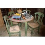 Round kitchen table and four rush seated chairs