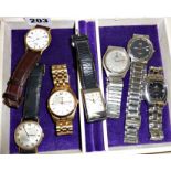 Seven vintage men's wrist watches, inc. an Art Deco Tavannes, Seiko, Rotary, Accurist, Tissot, etc.,