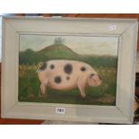Primitive oil on board of a Gloucestershire Old Spot pig with Colmers Hill, Bridport in the