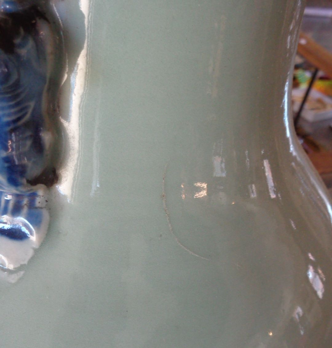 Large Chinese blue and white Celadon vase with birds and phoenix decoration, 59cm, (chip to rim) - Image 6 of 7