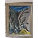 Abstract painting of willow stems with buds, monogrammed SJ and dated 1946, in original frame 28"