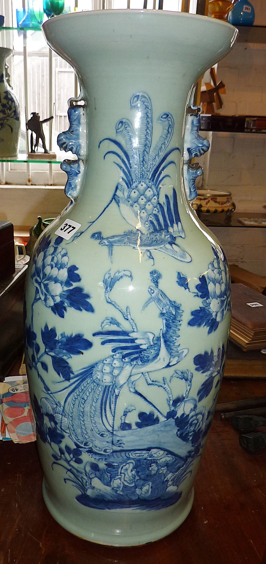 Large Chinese blue and white Celadon vase with birds and phoenix decoration, 59cm, (chip to rim)