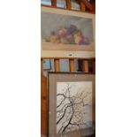 Watercolour still life with fruit by J.G. HARRISON and a pen and ink drawing of a tree outline