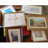 Six assorted framed prints and an oil on board of Colyton