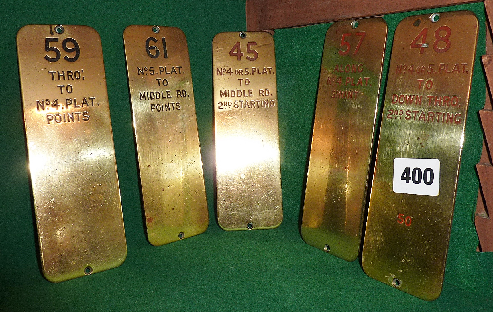 Five railway signal box polished brass lever plates