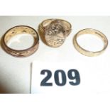 Three men's 9ct gold rings, one signet with compartment for photo - marked as William J. Pellow,