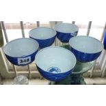 Japanese blue and white tea bowls (5) with Sumo wrestler decoration