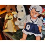 Vintage plush soft toys, inc. Snoopy, and a Gund teddy bear