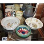 Moorcroft bowl, Susie Cooper mug, Wedgwood Peter Rabbit bowl, Shelley child's bowl, Upchurch