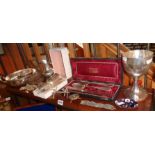 Shelf of silver plated items inc. jewellery, cutlery, knife rests, goblet, etc.