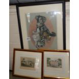 Pastel drawing of a dog and a cat and two colour engravings