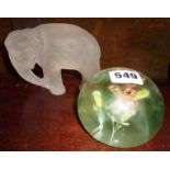 Large glass dome paperweight with internal butterflies, and matt glass elephant figure