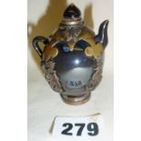 Chinese porcelain snuff bottle in the form of a miniature teapot with brass overlay decorated with