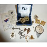 WW2 lucite RAF pendant, silver Boy Scouts Thanks badge, Trench Art aeroplane badge, etc.