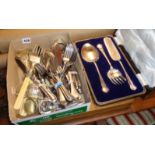 Quantity of silver plated cutlery inc. case of three Victorian fish servers, a canteen of cutlery