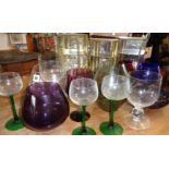 Coloured glassware, small mirrored display shelves x 3, carnival glass bowl