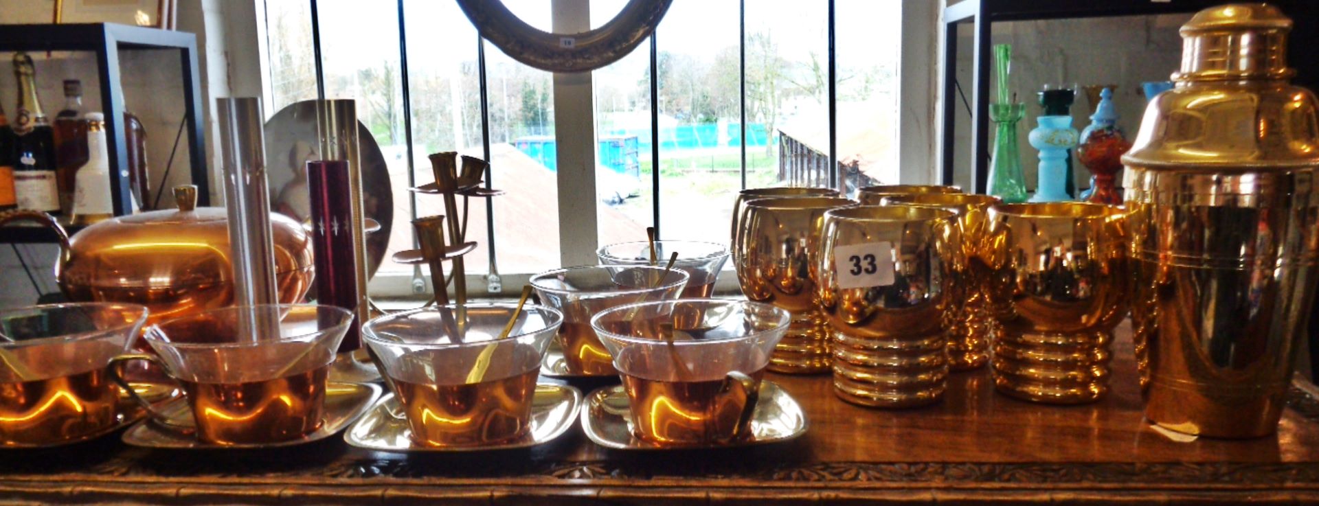 1950s/60s Schott Jena copper and glass tea set with matching candleholders, and tray, together