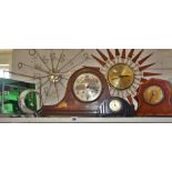 Chrome Art Deco mantle clock (A/F), a mid-century sunburst wall clock, and others