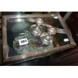 Glass tray with hallmarked silver rim and feet, silver cutlery and candlestick pair