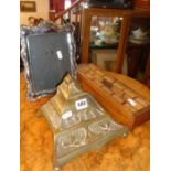 Art Nouveau brass inkstand, cribbage board and a silver plated photo frame