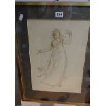 Pencil and wash study of a girl in long dress, unsigned, 22" x 16" inc. frame