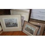 Six 19th c. colour steel engravings of English buildings, and four framed Sporting prints after H.