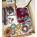 Vintage costume jewellery, inc. diamante brooches, bracelet, earrings in an amethyst colourway