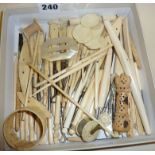 Large collection of bone and ivory sewing accessories, needle cases, crochet hooks, shuttles,