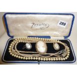 Vintage pearl type necklaces and three cameo brooches