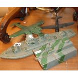 WW2 RAF recognition models of a Luftwaffe DO.17 bomber, a US Navy dive-bomber, a painted wood
