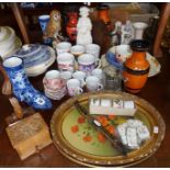 Collection of mugs, blue and white tureen, boot vases, etc.