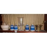 Dartington celery glass, pestle and mortar, a 19th c. brass pestle and mortar and four small