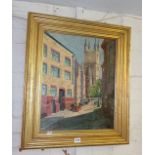 Pre-war oil on canvas of a London street scene, label verso