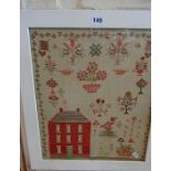 Early 20th c. sampler with house, bird and flowers