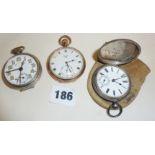 Three pocket watches - chrome WW1/WW2 type (no glass) with alarm and integral stand, gold plated